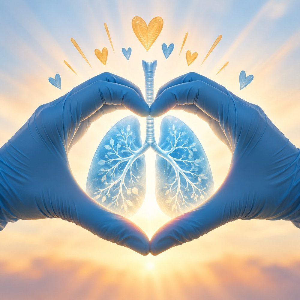 Gloved hands forming a heart around a pair of lungs, glowing in a sunrise sky