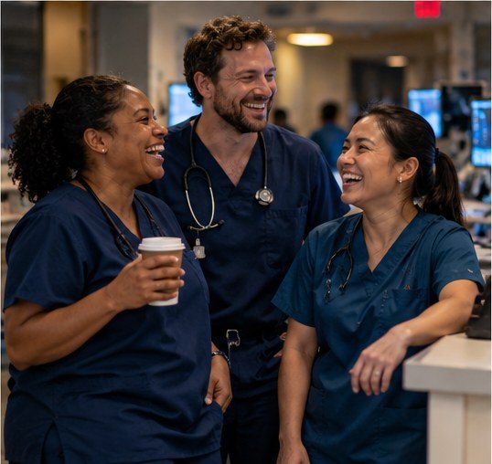 Three respiratory therapists laughing together on the night shift